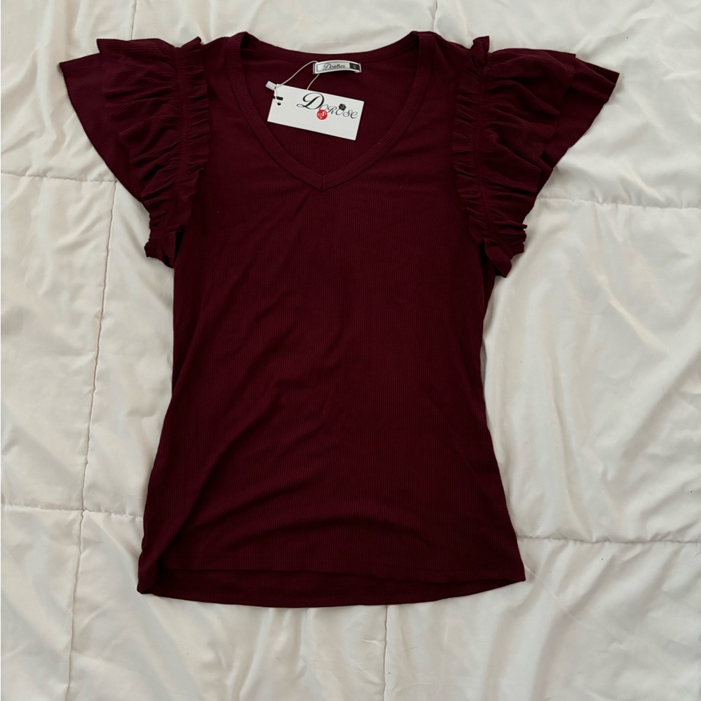 Women’s Ruffle Short Sleeve Maroon Full Length Shirt